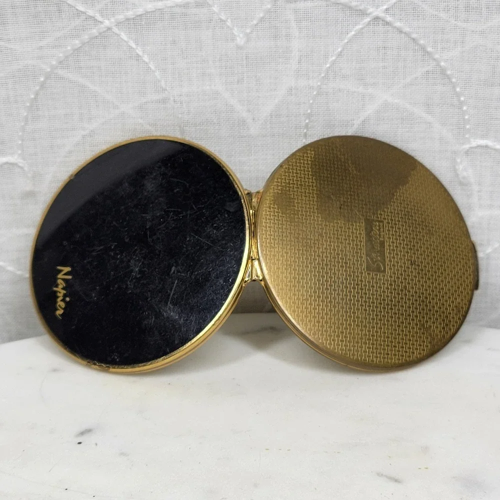 Vintage Napier Stratton Compact Mirror Black Gold Double Sided Hinged England
